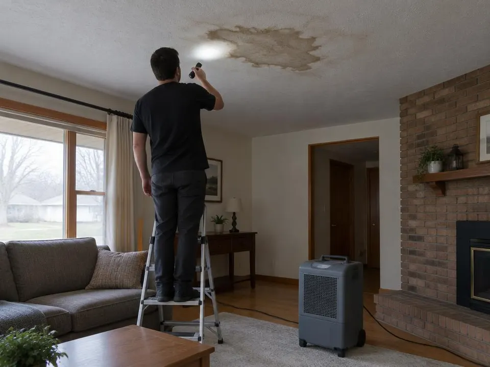 Generated illustration of a person on a step ladder inspecting a ceiling water stain with a flashlight