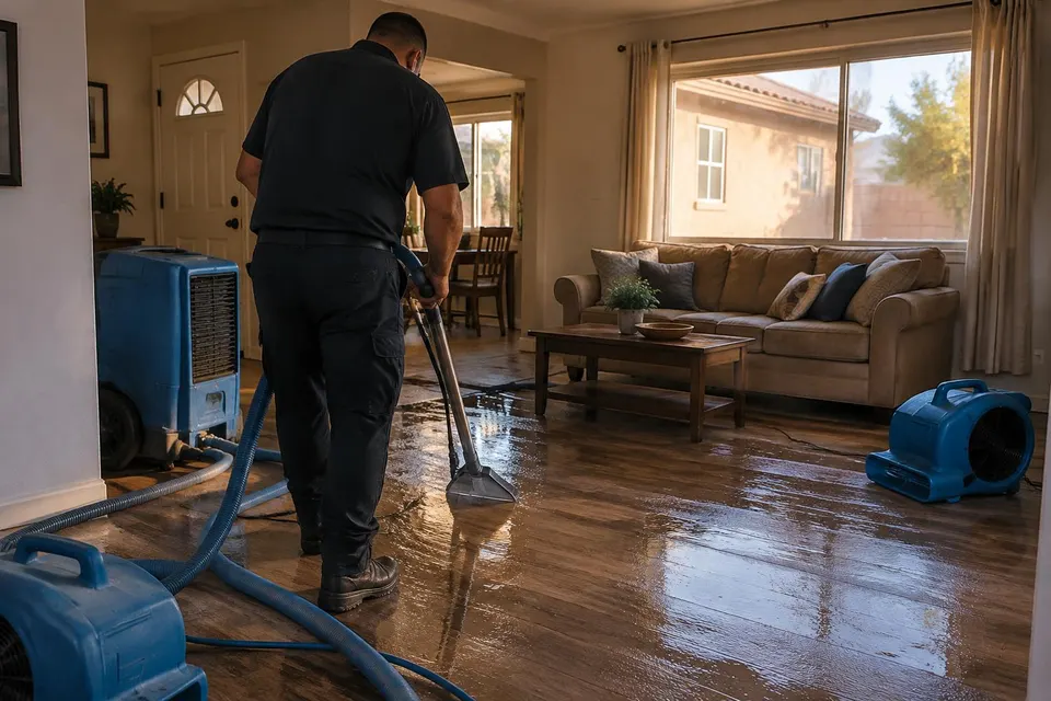 Generated illustration of a technician in dark work clothes using an extraction wand on a wet living room floor with air movers and a dehumidifier