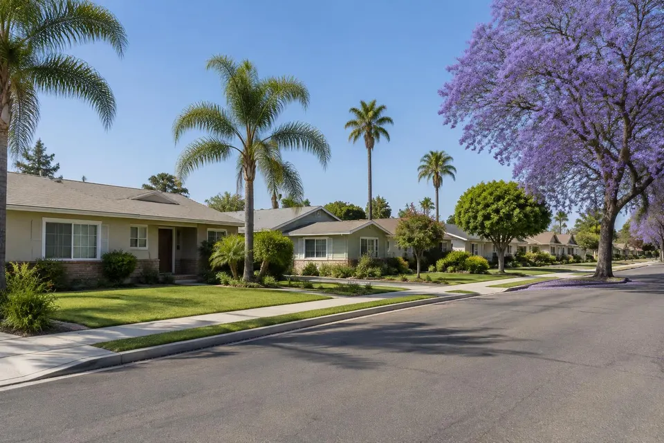 Generated illustration of single-story ranch houses on a quiet residential street with palm and jacaranda trees