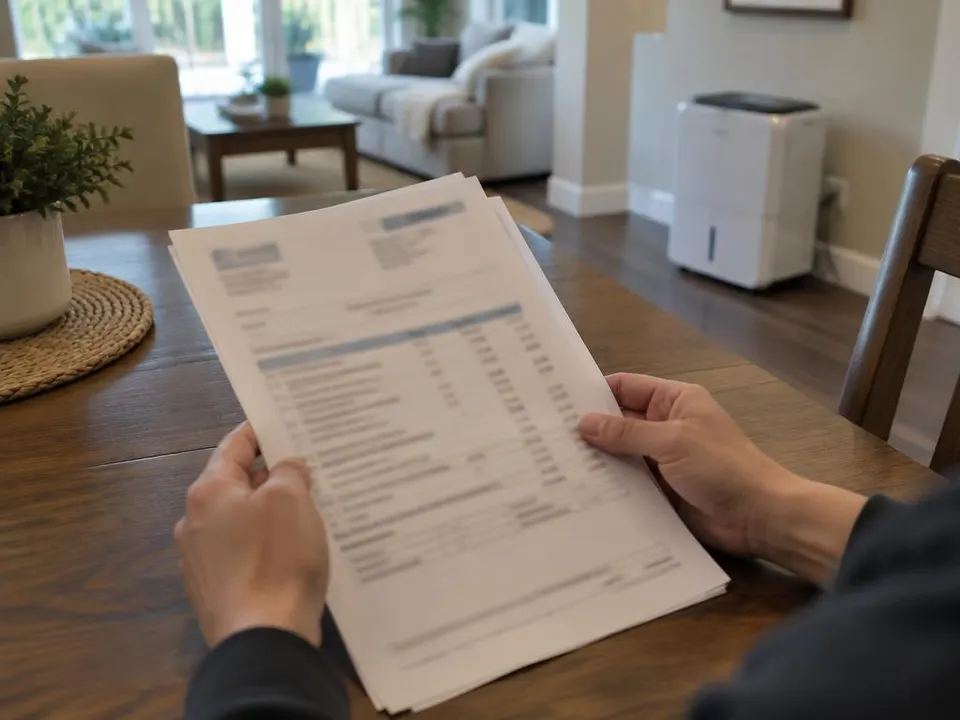 Generated illustration of hands holding a printed repair estimate at a dining table with a dehumidifier in the background