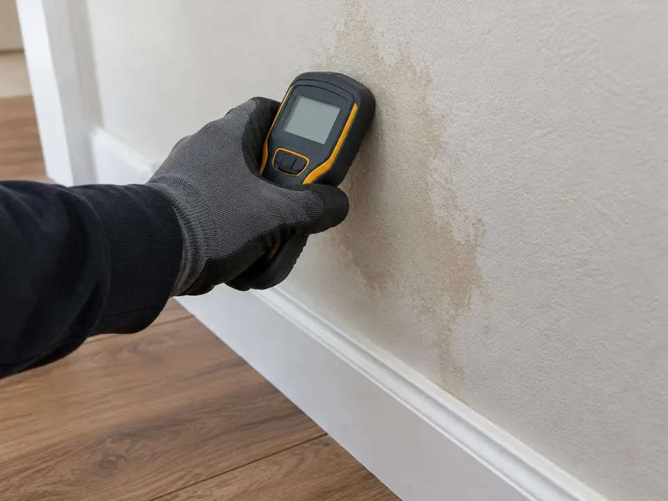 Generated illustration of a gloved hand pressing a moisture meter against a stained drywall wall