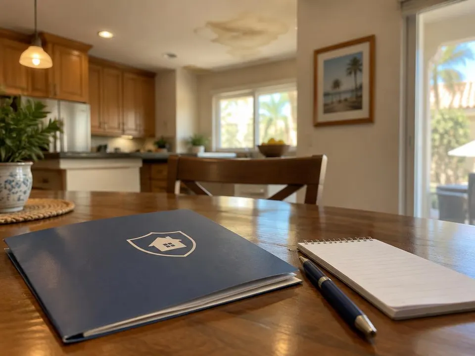 Generated illustration of an insurance folder, notepad and pen on a kitchen table below a ceiling stain