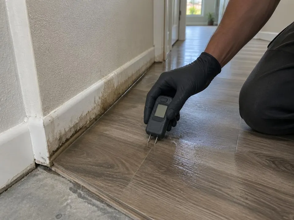 Generated illustration of a gloved hand holding a moisture meter against damp vinyl plank flooring beside a stained baseboard