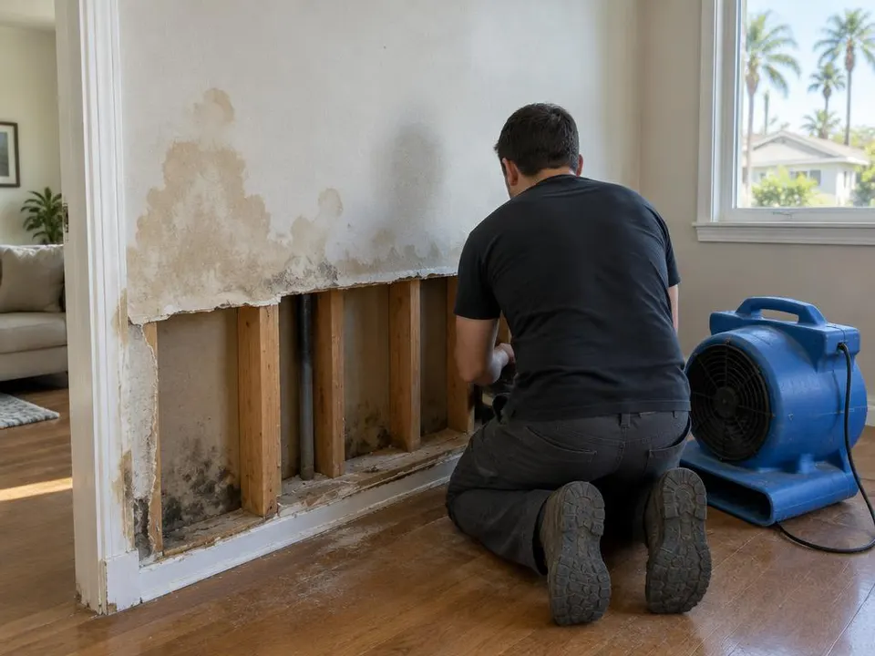 Generated illustration of a technician kneeling beside opened drywall with exposed studs and an air mover